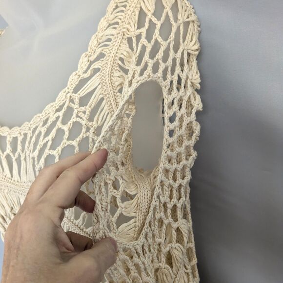 Odiva Crochet Swimsuit Cover Up Small Tassel Fringe Khaki Beach Tunic Top Boho - Picture 4 of 12